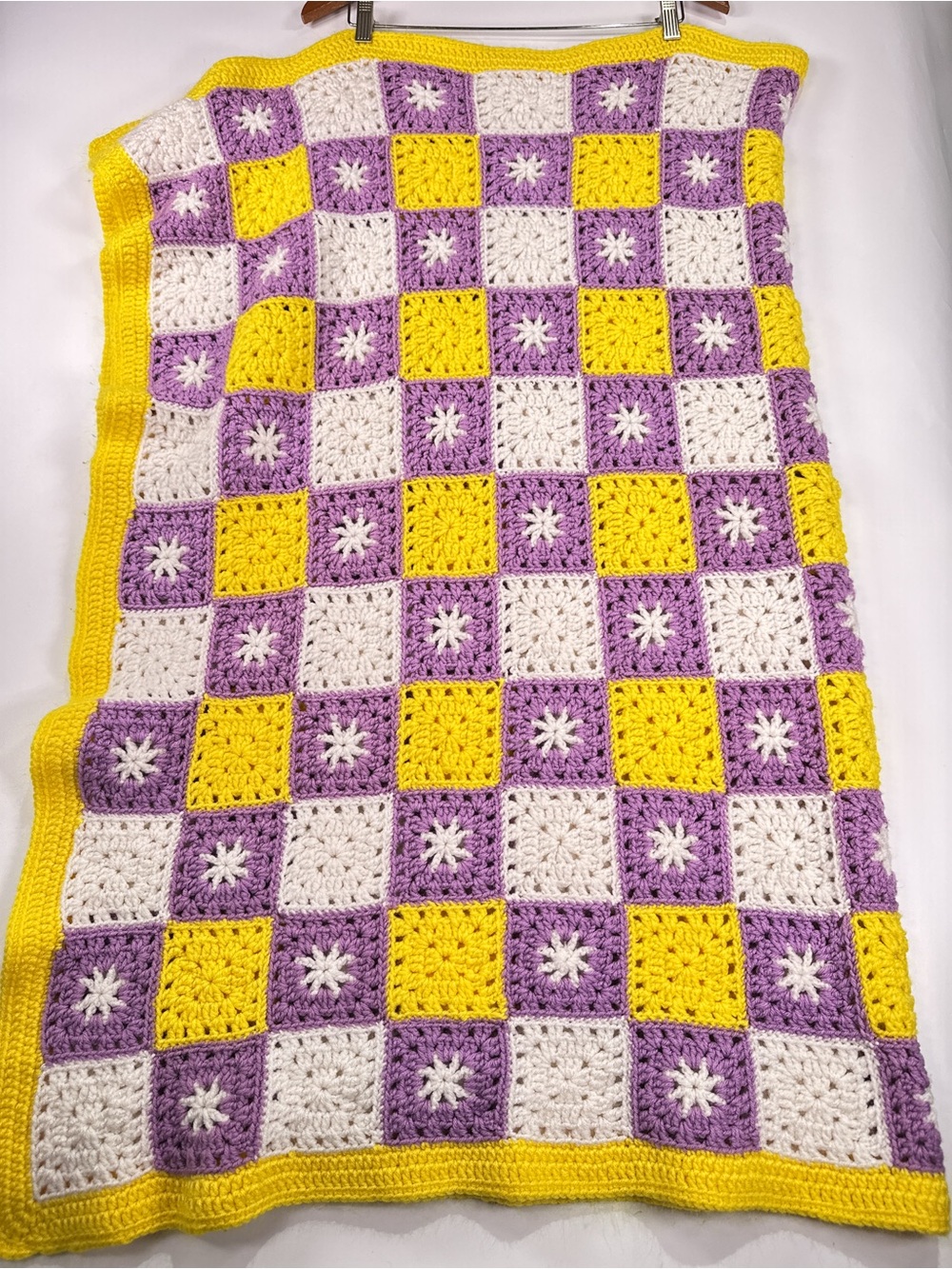 Handmade Vintage Granny Square Crochet Checkerboard Throw Purple Yellow 28x40 - Picture 6 of 9